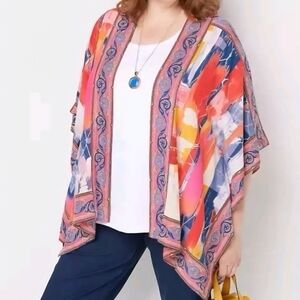 Tolani Collection Multicolor Floral Printed Tropical Open Front Woven Kimono L